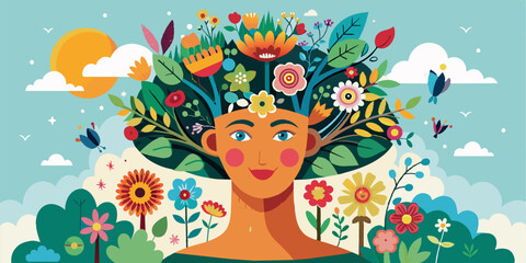 Human face tree with flowers, self care and mental health concept, positive thinking, creative mind illustration.