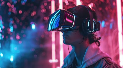 Wall Mural - A person wearing a virtual reality headset, immersed in a futuristic, neon-lit environment, highlighting advanced technology and vivid virtual experiences.