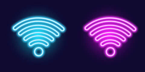 The signal sensor glows blue and pink to indicate a wireless Internet connection. 3d wifi signal with neon wave effect. Transparent neon circle symbol for wireless monitoring and protection.