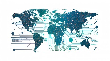 illustration of a world map with artificial intelligence design on white background. generative ai