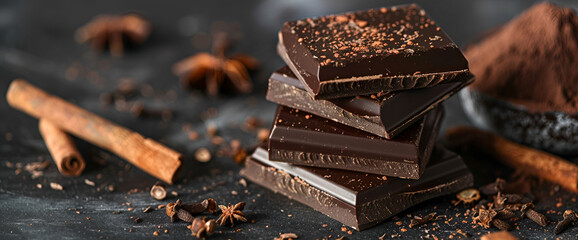 Wall Mural - dark chocolate bars with cocoa powder, Pieces of dark chocolate and cocoa powder on a black background ,World Chocolate Day