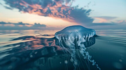 Wall Mural - A jellyfish swimming near the ocean surface at dusk, with the sky reflecting on the water.