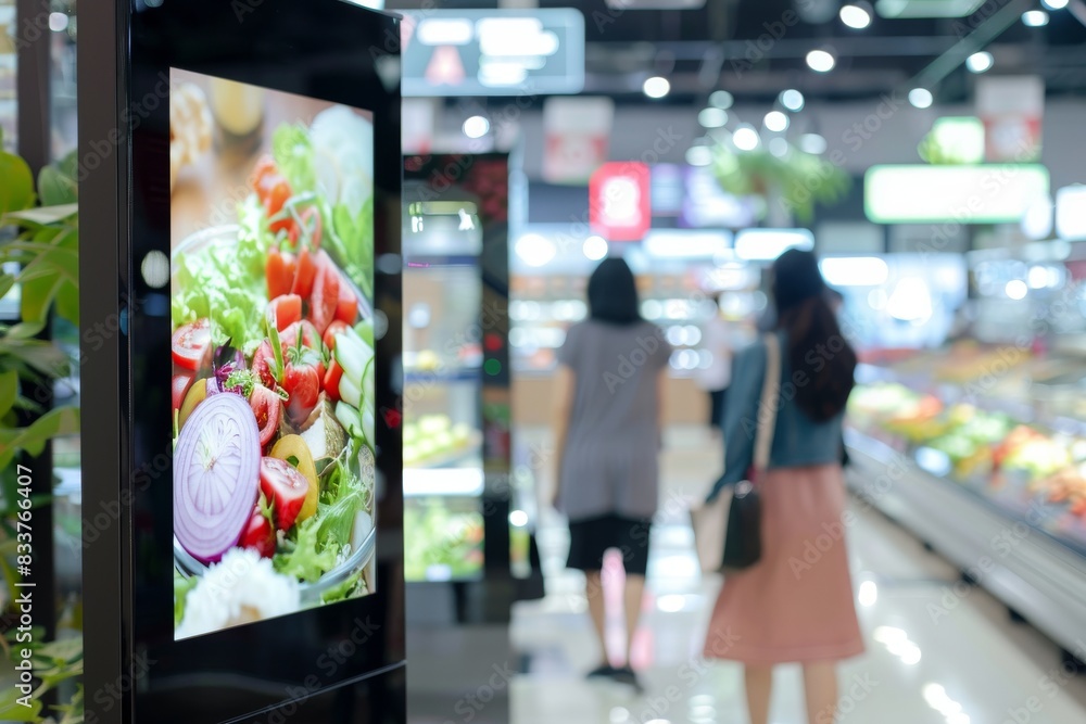 A digital sign with augmented reality (AI) advertising in a mall with ...