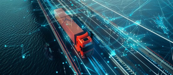 Vehicle driving on a highway with a technology assistant tracking information is an autonomous electric van semi truck car