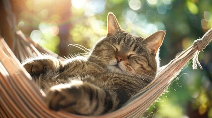 An overweight cat lounging on a hammock in a sunlit garden, its eyes half-closed in relaxation