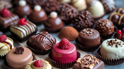 Wall Mural - Group of sweet and tasty homemade chocolate balls on a backing paper sprinkled with different spice flavors ,A variety of delicious cakes lined up in rows in a shop window in a cafe