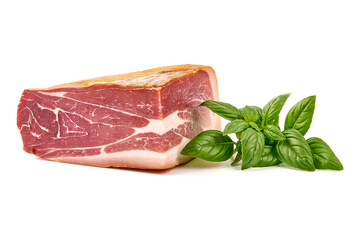 Canvas Print - Delicious Serrano ham, cured jamon iberico, isolated on white background.