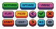 © Studio Cantath - Interface menu pixel buttons. Retro video game UI navigation panel, 8 bit sprite game app icons play pause menu settings options exit. Old school game symbols. Vector isolated set