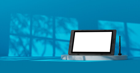 Poster - Big Size of Digital Graphics Drawing Tablet Monitor with Pen and Blank Screen in Blue Room witn Sun Shadows. 3d Rendering