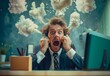 © Ratthamond - Business person hunched over computer in a cluttered workplace, overwhelmed by work stress and mental overload, as evidenced by thought bubbles above their head.