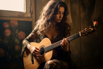 Young woman plays the guitar, bathed in warm window light, with an air of tranquility