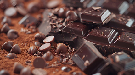 Wall Mural - Vertical shot of delicious tasty chocolate bar ,dark chocolate pieces scattered on a brown sheet, Milk chocolate with cocoa beans on wooden background ,Happy International Chocolate Day