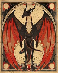 Wall Mural - Symmetrical Dragon Illustration with Frame