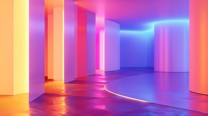 Abstract colorful neon lights illuminate a futuristic hallway, creating a vibrant and dynamic atmosphere.