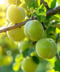 Wall Mural - Ripe Green Plums Hanging From Branch in Orchard on Sunny Day