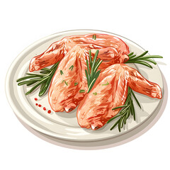 Wall Mural - Raw marinated chicken wings and rosemary on light tiled table, closeup isolated on white background, png
