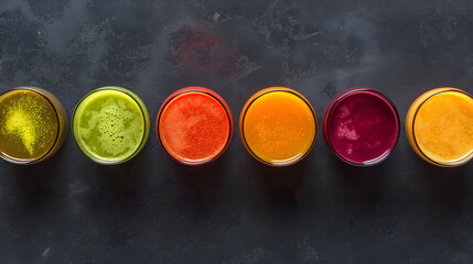 Wall Mural - Several glasses of green vegetable and fruit smoothie on black background, top view