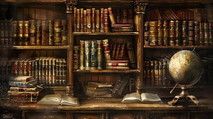 antique bookshelf with old books in classical library vintage education concept digital painting