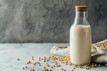 Wall Mural - Soy milk in a bottle with soy beans. Vegan, plant based, non dairy milk