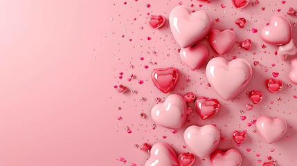 Wall Mural - Pink and red hearts on a pink background. The hearts are of different sizes and shades of pink and red. The background is a light pink color.