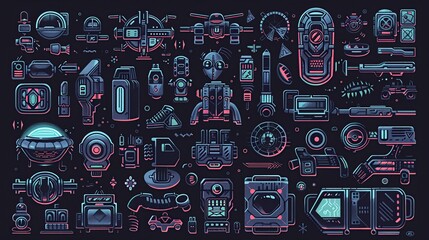 Set of various futuristic objects and symbols. The view is futuristic and modern technology