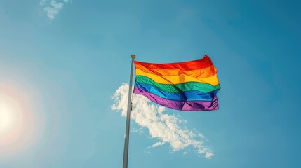 Wall Mural - Colorful Rainbow Flag Flying High Against a Clear Blue Sky