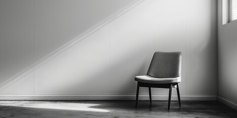 Wall Mural - A chair is sitting in a room with a white wall, copy space