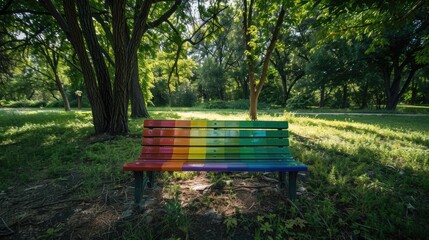 Wall Mural - Vibrant Rainbow Bench in Park on Pride Day