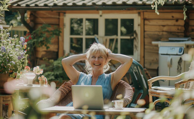 Wall Mural - A middle-aged woman sits at her laptop in the garden, relaxing with her hands behind her head and smiling