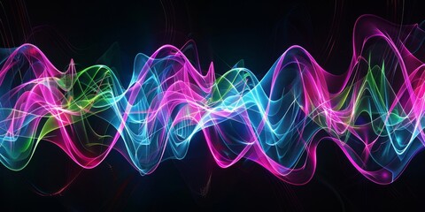 Wall Mural - abstract neon waveforms against black background