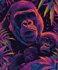 Wall Mural - Gorilla with cub amidst vibrant tropical foliage, bold colors against a dark background.