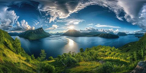 Wall Mural - A picturesque view of the Norwegian fjords, with majestic mountains and lush greenery under a clear blue sky