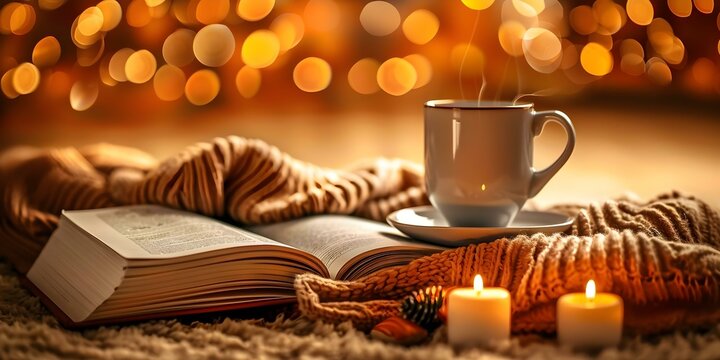 Cozy up with a good book under a warm blanket at home. Concept Reading, Cozy, Relaxing, Home, Books
