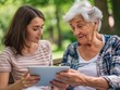 © mirifadapt - girl showing someting on tablet to elderly grandmother, Showing Grandmother How To Use Digital Tablet