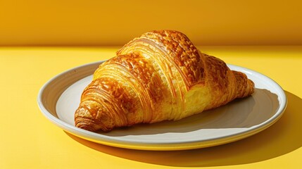 Wall Mural - A French croissant displayed on a dish with a yellow backdrop