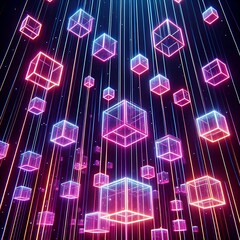 Wall Mural - a futuristic array of neon-lit cubes in a three-dimensional grid, with beams of light extending upwa
