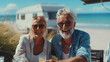 © catocala - Holidays at sea, an elderly married couple, a man and a woman, a portrait against the backdrop of a sea landscape and a car, a caravan, a motor home