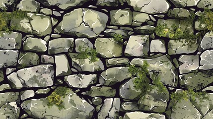 Hand-drawn seamless pattern depicting weathered stone walls with moss and cracks, creating a classic and aged aesthetic