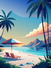 Wall Mural - Tropical Beach Sunset with Palm Trees and Lounge Chair
