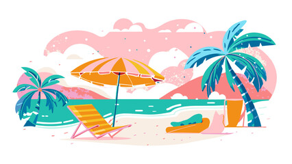 Wall Mural - Tropical Beach Vacation Vector Illustration with Palm Trees and Sun Lounger