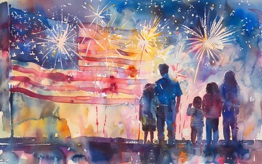 A watercolor painting of a family watching fireworks with the USA flag in the background, capturing the warmth and unity of Independence Day, Watercolor, Soft Tones