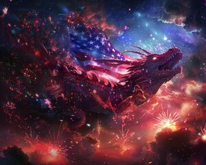 Wall Mural - A whimsical fantasy scene of a dragon flying with a kite in the shape of the USA flag, over a magical kingdom, Fantasy, Illustration, Bright and Imaginative