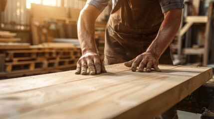 Sticker - man owner a small furniture business is preparing wood for production. carpenter male is adjust wood to the desired size. architect, designer, Built-in, professional wood, craftsman, workshop.