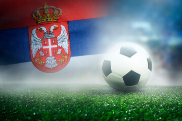 Wall Mural - Football Serbia nation flag on Green Field , soccer fan supporters in tournament