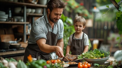 Wall Mural - Father with little son grilling outside during family summer garden party