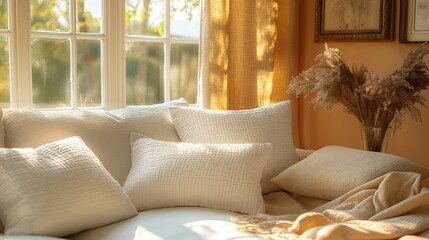 cozy interior of living room, nice ambiente, white pillows, wall with empty picture frames