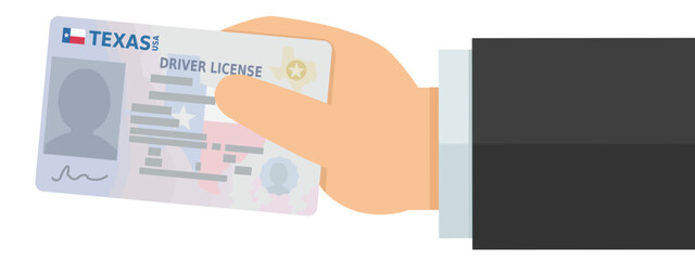 a hand presents a driver's license from the usa state of texas in flat design style (cut out)