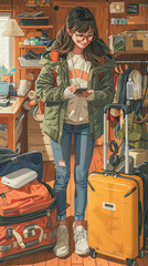 Sticker - Illustration a woman exhibits joy as she packs her suitcase