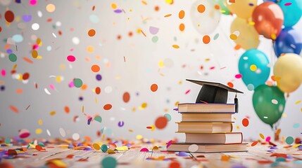 Vibrant and Festive Graduation Background with Colorful Confetti and Balloons. A Stack of Books with Graduation Cap and Diploma on Polished Wooden Surface, Transitioning to Whitespace for Additions