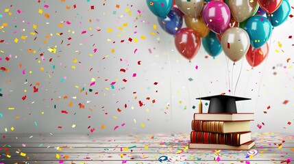 Vibrant and Festive Graduation Background with Colorful Confetti and Balloons. A Stack of Books with Graduation Cap and Diploma on Polished Wooden Surface, Transitioning to Whitespace for Additions